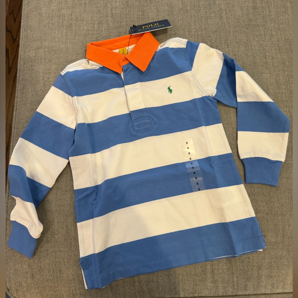 Ralph Lauren stripped shirt. Blue and white stripes with orange collar.